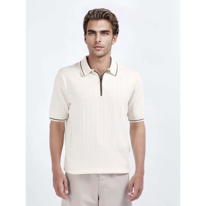 Rare Rabbit Amet Off White Textured Regular Fit Polo T-shirt (S)