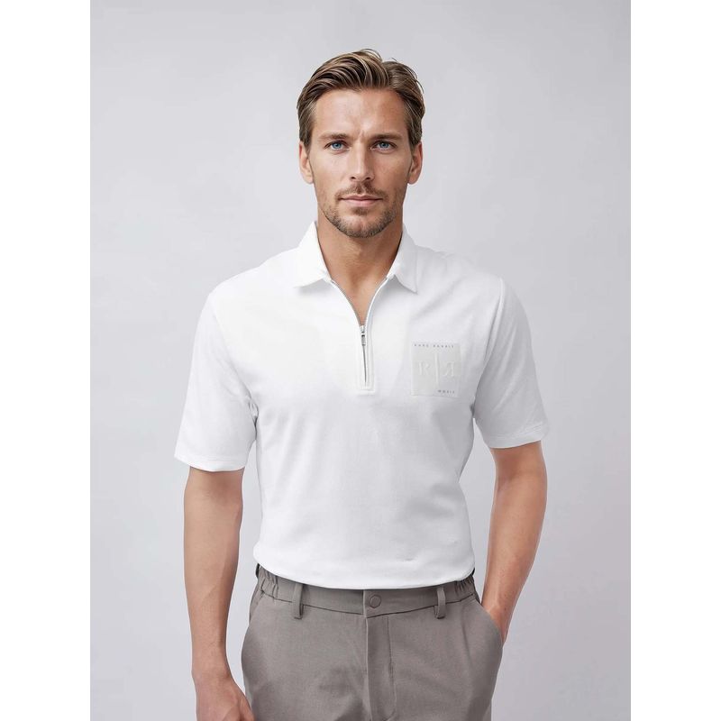 Rare Rabbit Berner White Solid Regular Fit Polo T-shirt (L)