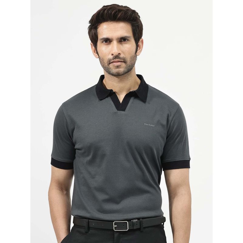 Rare Rabbit Carmello Dark Grey Plain Regular Fit Polo T-shirt (L)