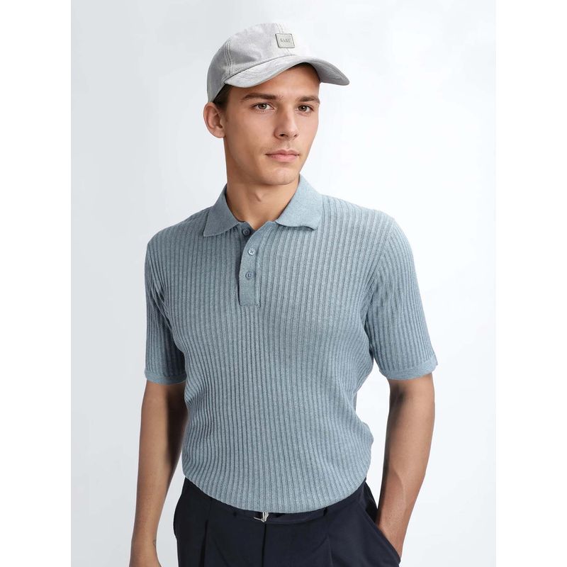 Rare Rabbit Devr Dusky Blue Textured Regular Fit Polo T-shirt (XS)