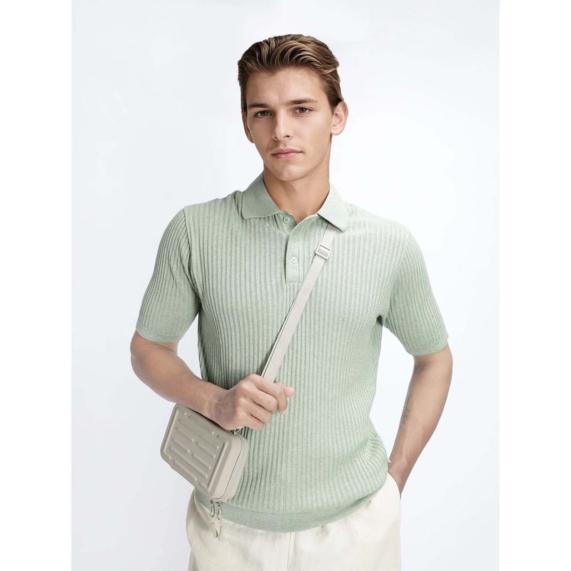 Rare Rabbit Devr Light Green Textured Regular Fit Polo T-shirt (XS)