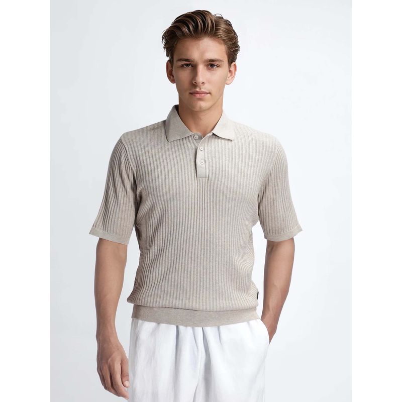 Rare Rabbit Devr Khaki Textured Regular Fit Polo T-shirt (XS)