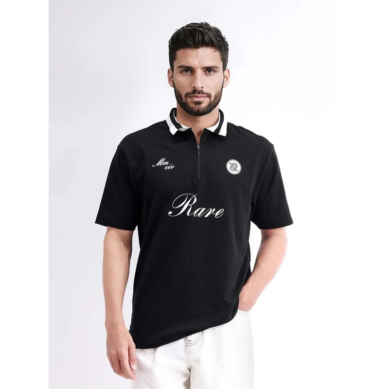 Rare Rabbit Mateo Black Printed Relaxed Fit Polo T-shirt (L)