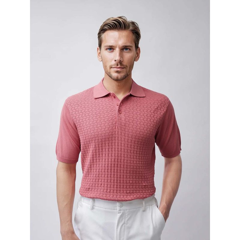 Rare Rabbit Pasto Dark Peach Textured Regular Fit Polo T-shirt (S)