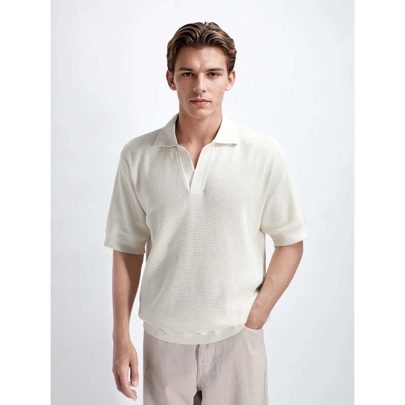 Rare Rabbit Rera Off White Textured Relaxed Polo T-shirt (XS)