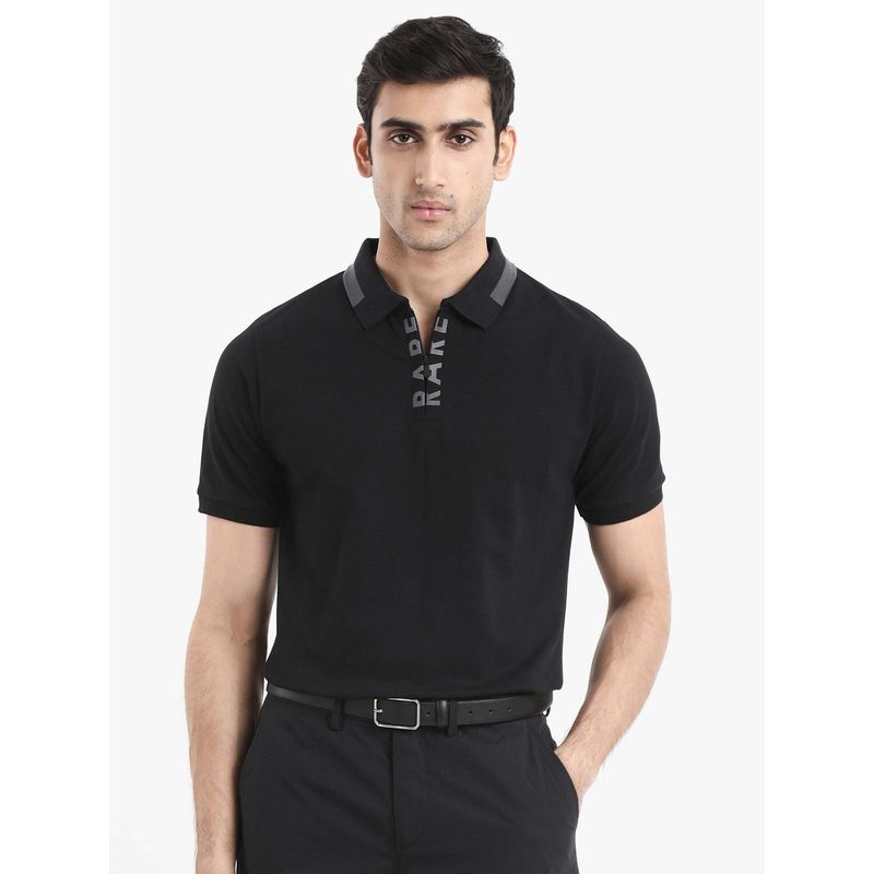 Rare Rabbit Rique Black Plain Regular Fit Polo T-shirt (2XL)