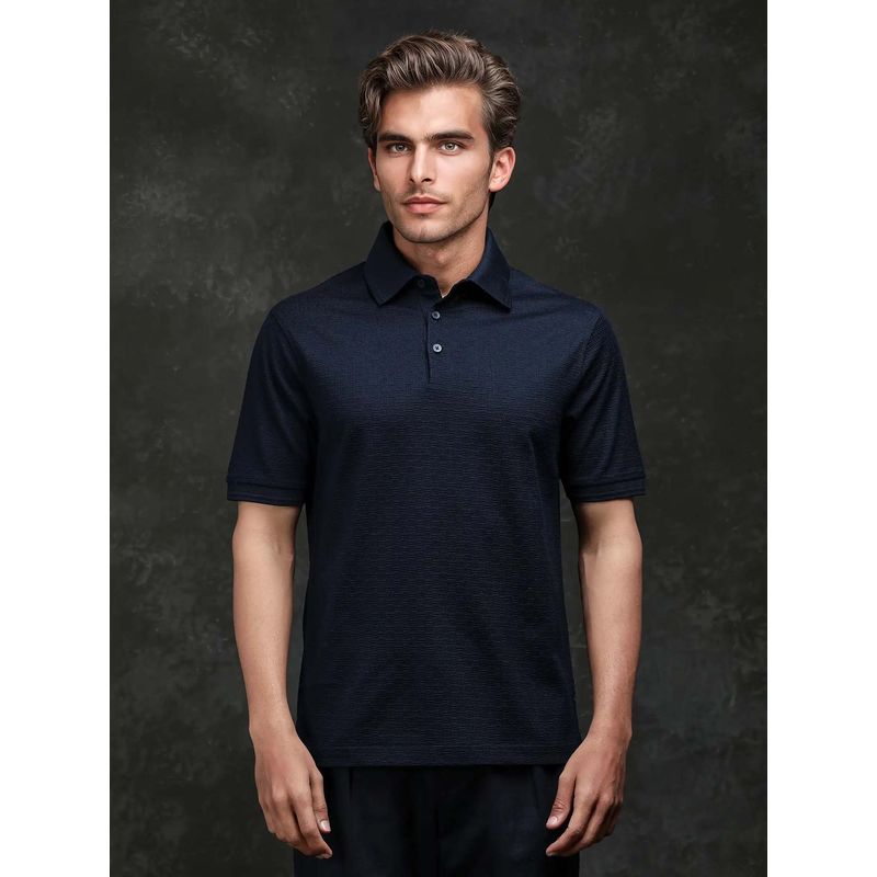Rare Rabbit Tosy Navy Blue Textured Regular Fit Polo T-shirt (L)