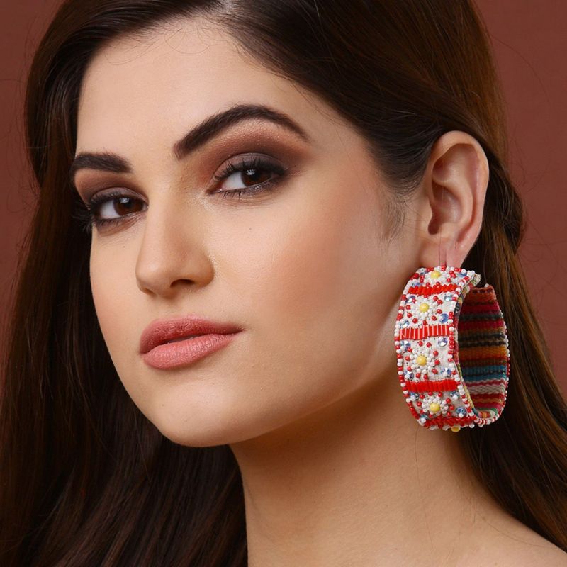 Multicolor - Hand Embroidered Fabart Beadwork Earrings by Rangila Dhaga