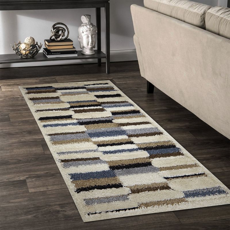 OBSESSIONS Machine Made Anti- Static Geometric Bedside Runner, Beige & Brown (2x5 Feet)