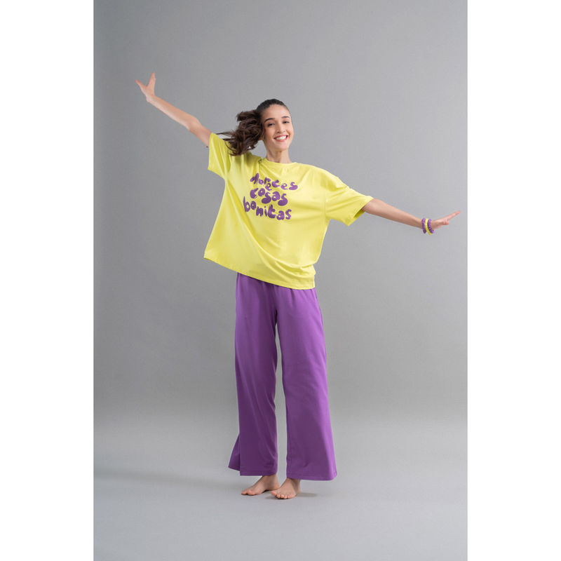 NeceSera Lime Yellow Purple Cotton T-Shirt & Pyjama (Set of 2) (S)