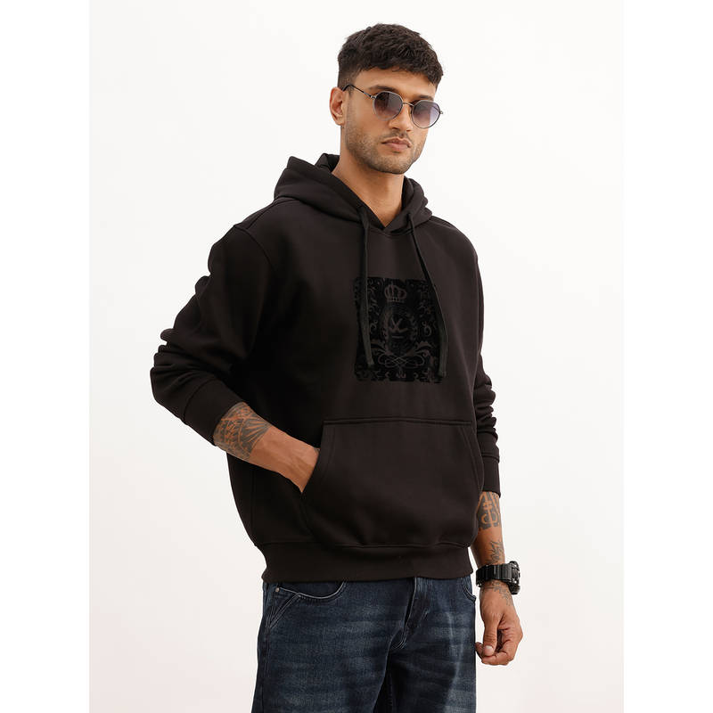 WROGN Black Printed Hooded Sweatshirt (S)