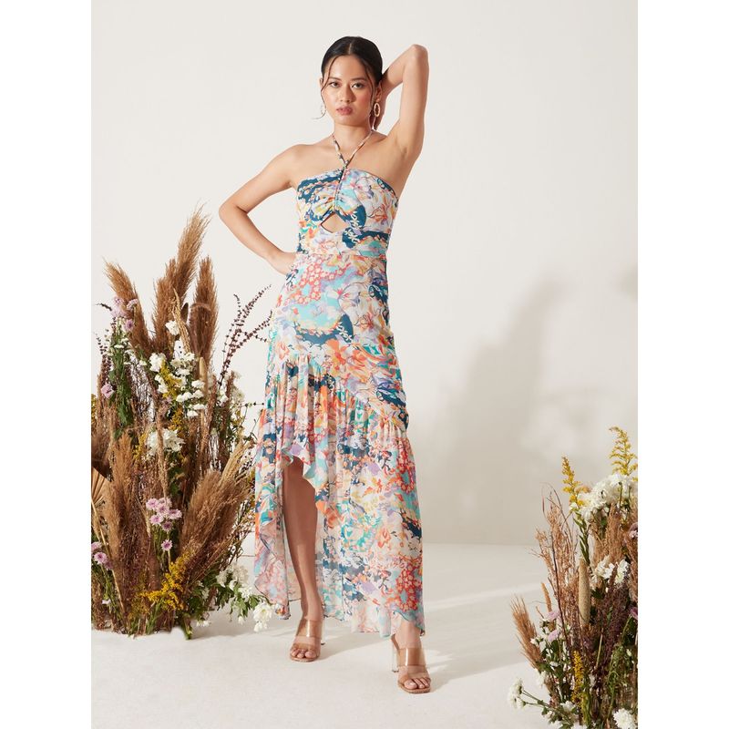 RSVP by Nykaa Fashion Multicolor Halter Neck Floral Asymmetrical Hi Lo Dress (L)