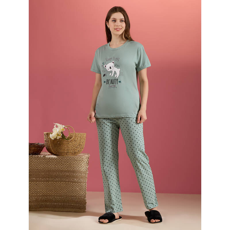 Bedtime Story Green Printed Pure Cotton Relaxed T-Shirt and Pyjama (2XL)