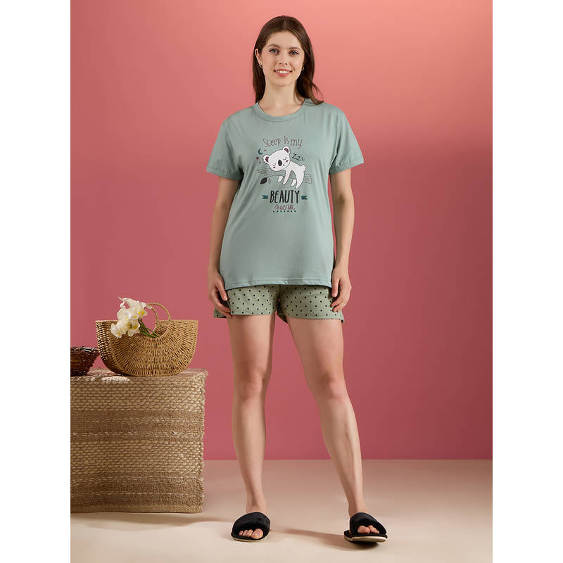 Bedtime Story Green Printed Pure Cotton Relaxed T-Shirt and Shorts (M)