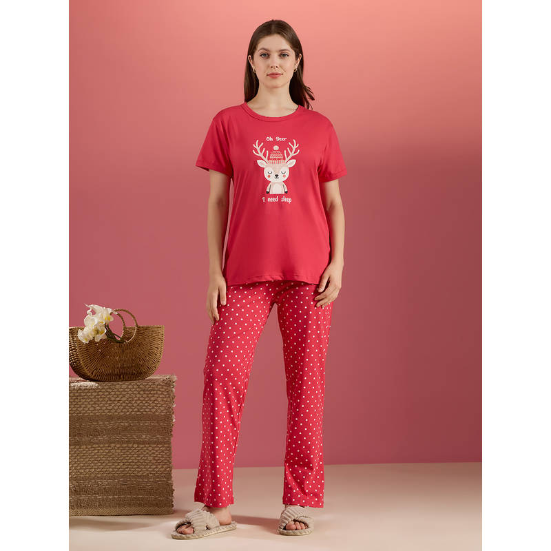 Bedtime Story Red Printed Pure Cotton Relaxed T-Shirt and Pyjama (S)