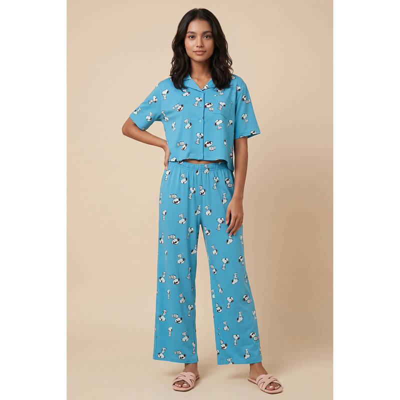Zivame Blue Printed Cotton Regular Shirt and Pyjama (XL)