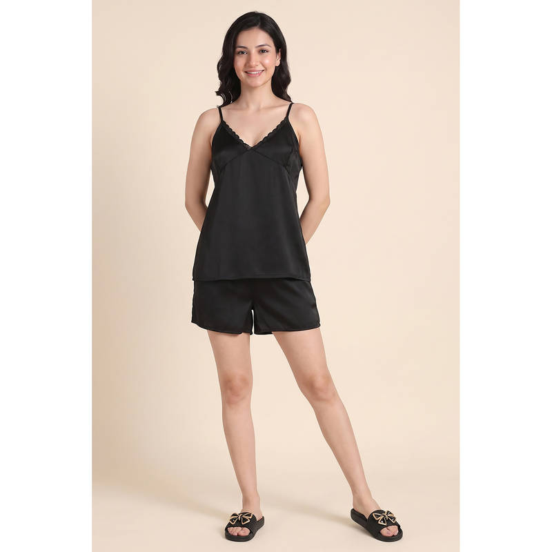 Zivame Black Solid Satin Regular Cami Top and Shorts (XL)