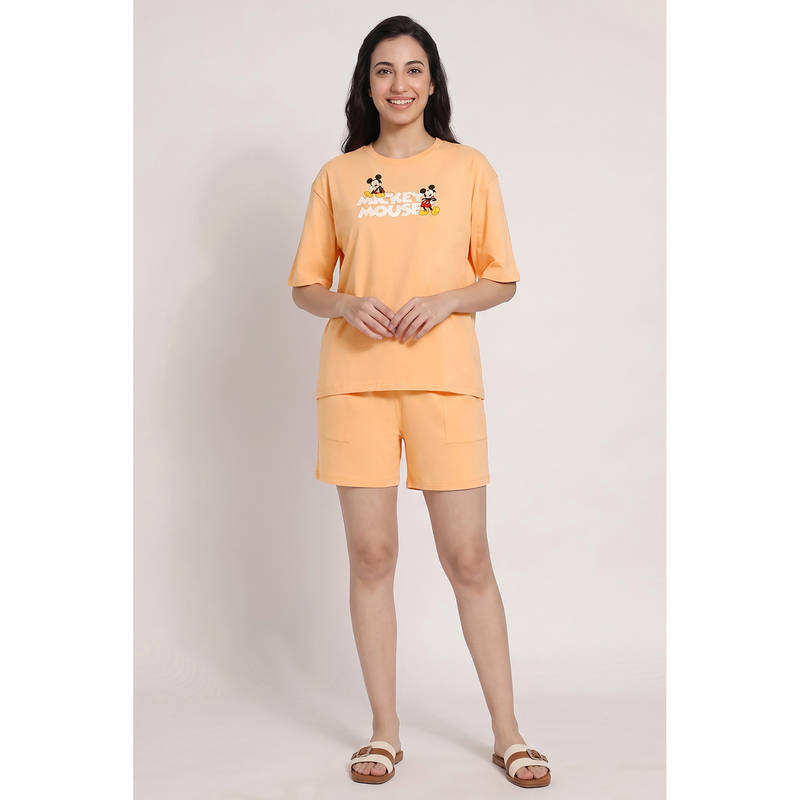 Zivame Orange Typography Cotton Relaxed T-Shirt and Shorts (XL)