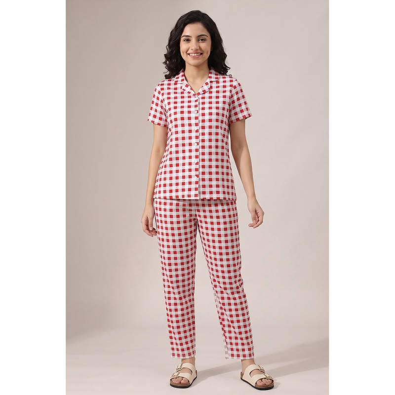 Zivame Red Checks Cotton Regular Shirt and Pyjama (XS)