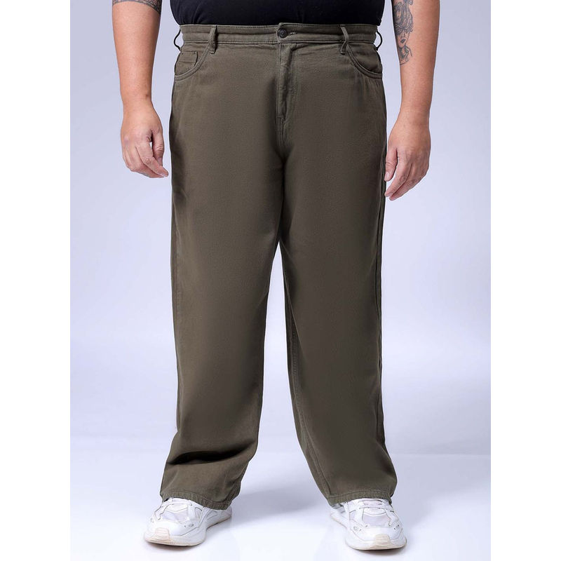 Hardsoda By The Indian Garage Co Men Plus Size Solid Jeans Olive (44)