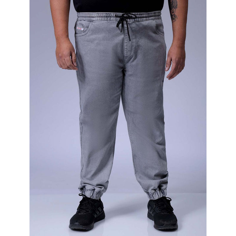 Hardsoda By The Indian Garage Co Men Plus Size Solid Mid-Rise Stretchable Denim Joggers Grey (42)