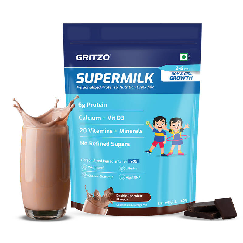 Gritzo SuperMilk Growth (2-6y Boy & Girl), 6g Protein Powder - Double Chocolate
