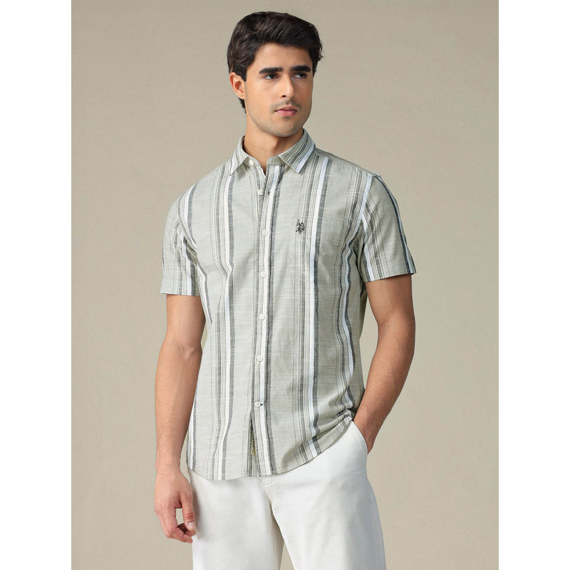 U.S. Polo Assn. Denim Co. Men Green Vertical Striped Pure Cotton Shirt (39)