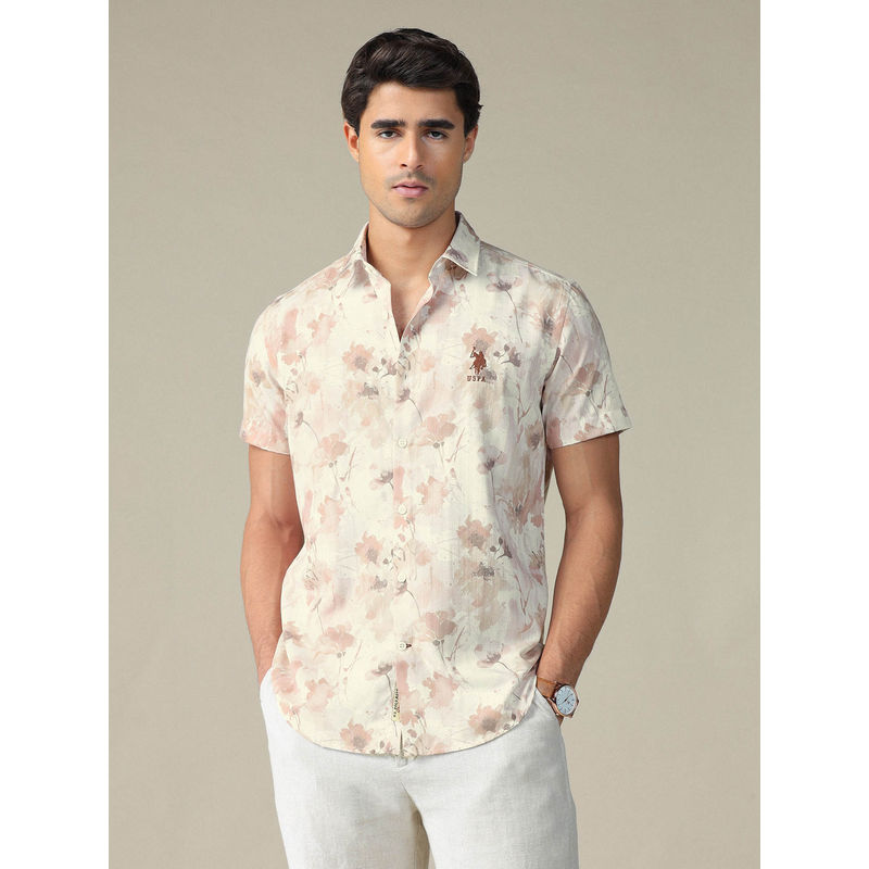 U.S. Polo Assn. Denim Co. Men Beige Floral Printed Pure Cotton Shirt (46)