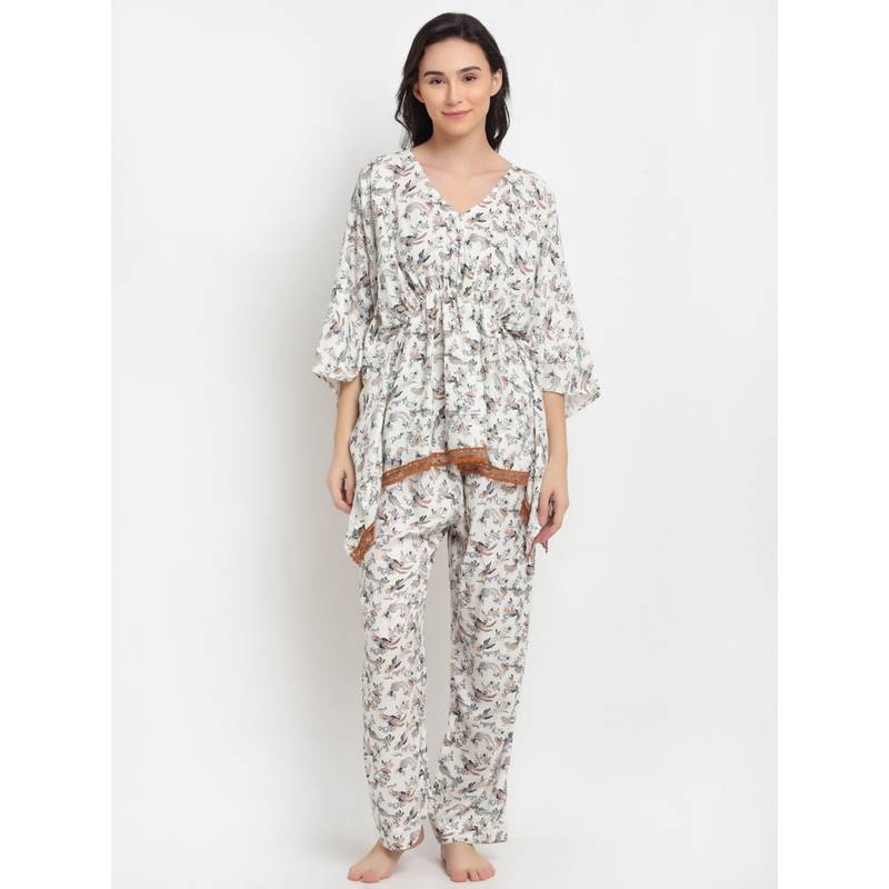 AOBA Women White & Grey Printed Night suit (XL)