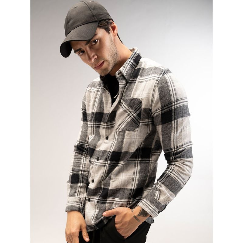 THE BEAR HOUSE Mens Grey Checked Flannel Slim Fit Casual Shirt (L)