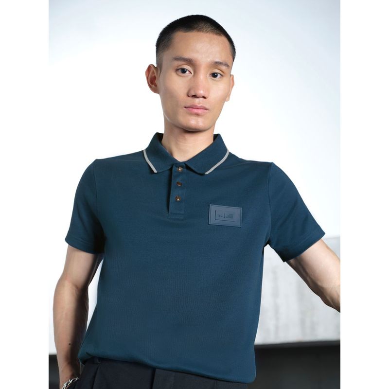 THE BEAR HOUSE Ardor Edition Men Teal Blue Slim Fit Polo Collar Pure Cotton T-shirt (L)