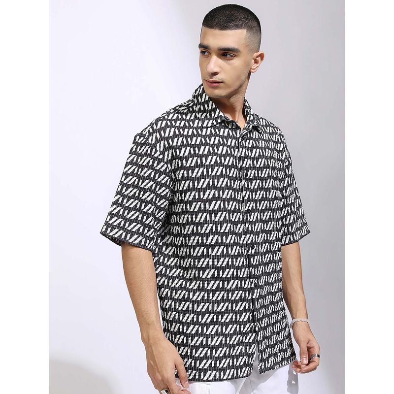 HIGHLANDER Men Black and White Printed Oversized Shirt (L)