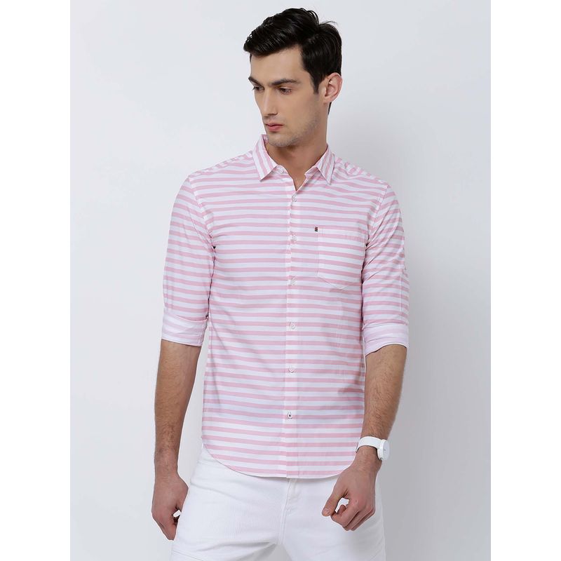 HIGHLANDER Men Pink Slim Fit Stripes Casual Shirt (L)