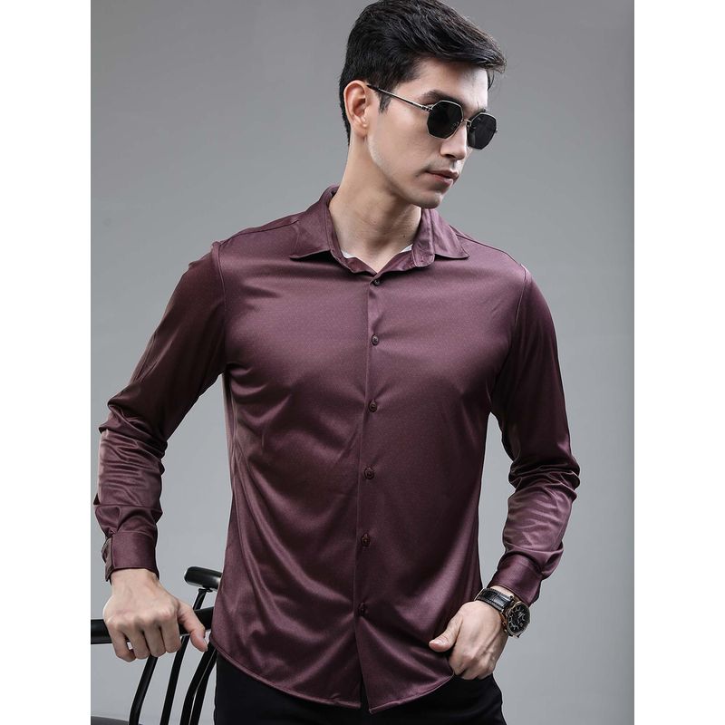 HIGHLANDER Men Wine Printed Knitted Party Shirt (L)