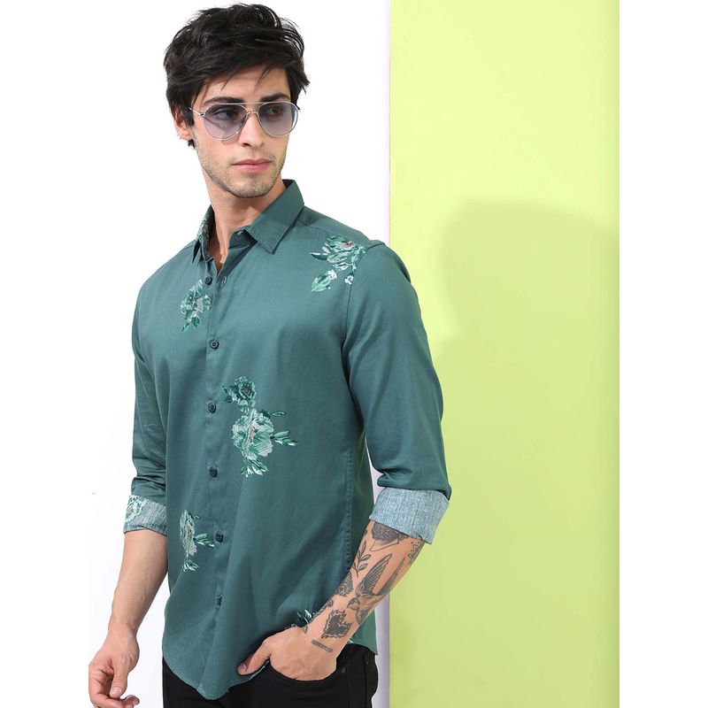 HIGHLANDER Men Teal Floral Printed Slim Fit Casual Cotton Shirt (M)