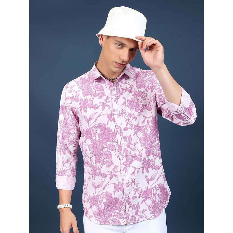 HIGHLANDER Men Pink Slim Fit Floral Printed Spread Collar Casual Shirt (M)