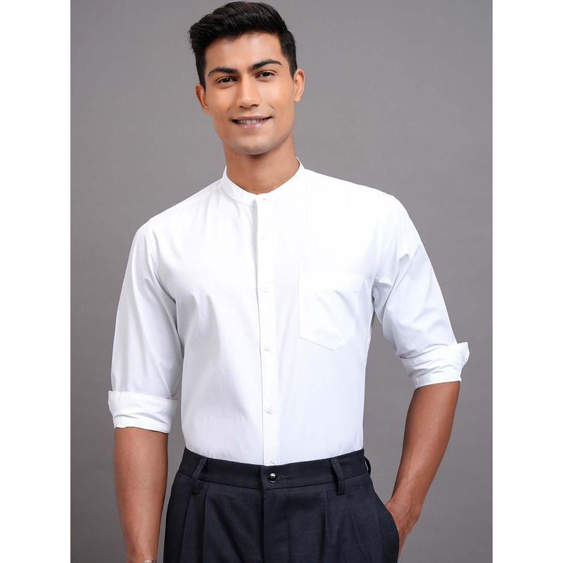 HIGHLANDER Men White Solid Mandarin Collar Formal Shirt (S)