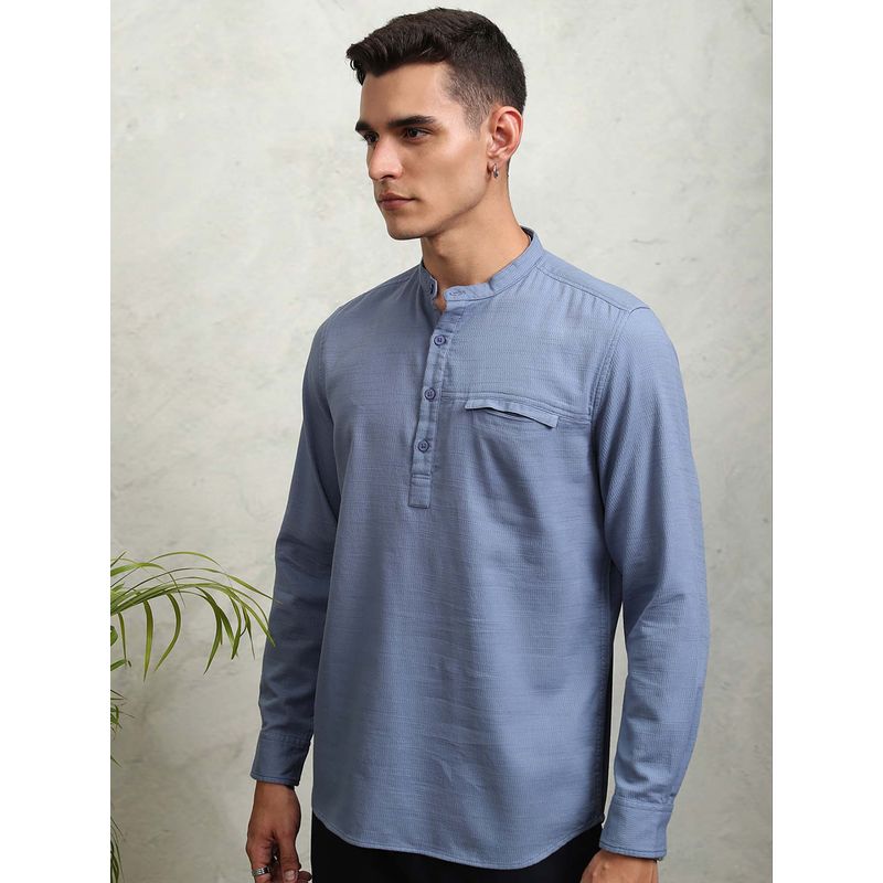 HIGHLANDER Men Blue Mandarin Collar Relaxed Fit Shirt (M)