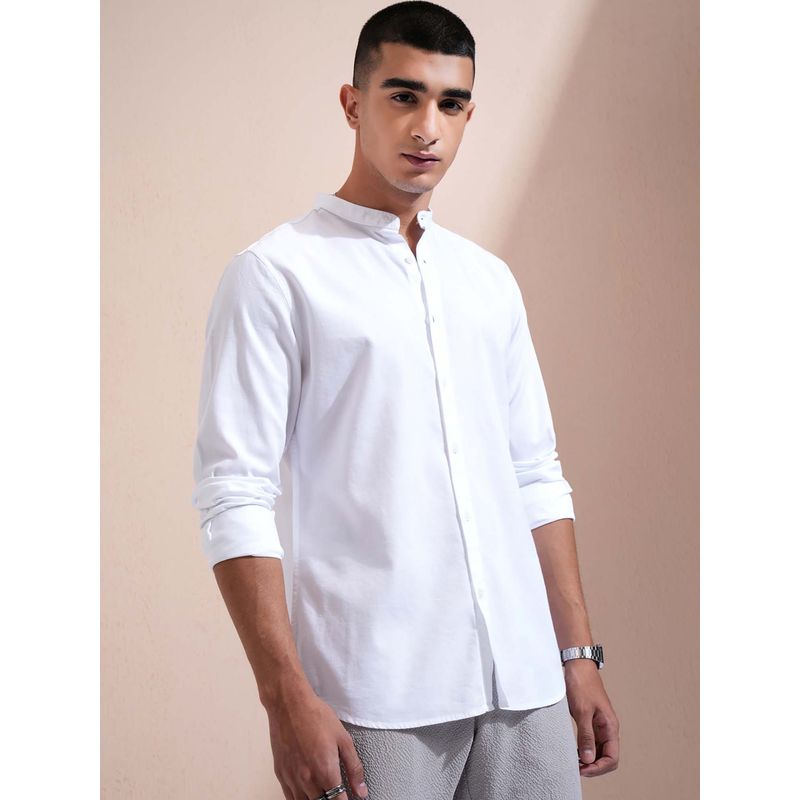 HIGHLANDER Men White Dobby Textured Mandarin Collar Shirt (M)