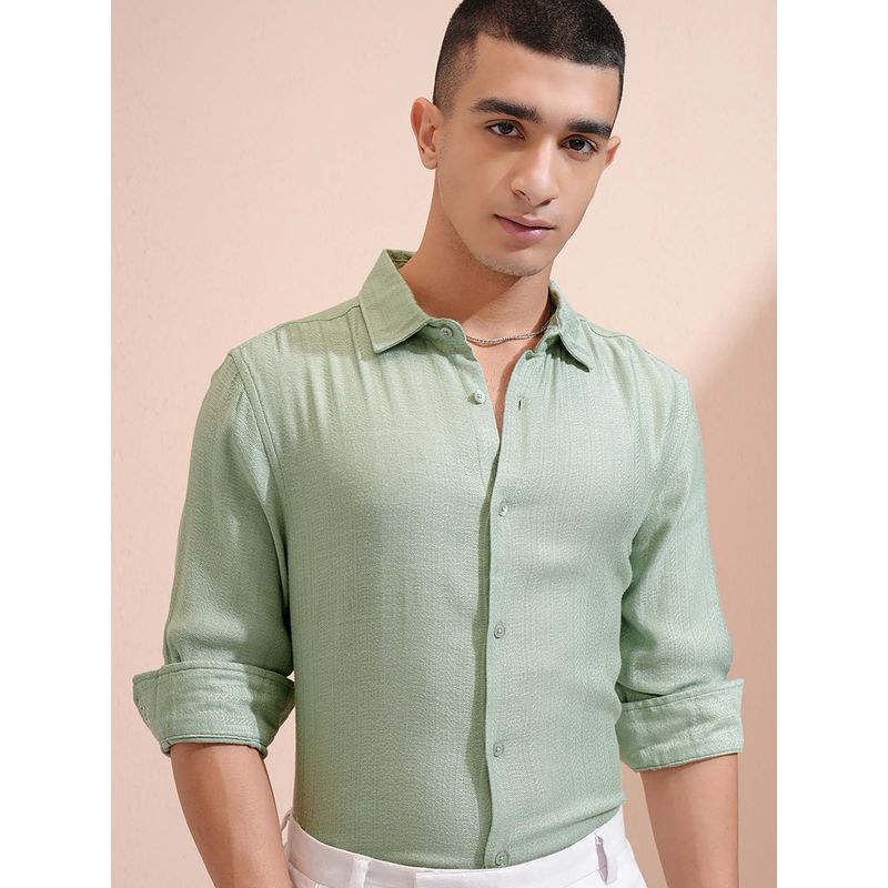 HIGHLANDER Men Pista Green Dobby Textured Shirt (XL)