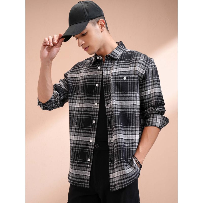 HIGHLANDER Men Black Flannel Checks Relaxed Fit Shirt (L)