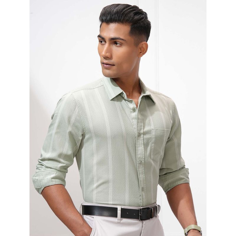 HIGHLANDER Men Green Stripes Full Sleeves Shirt (L)