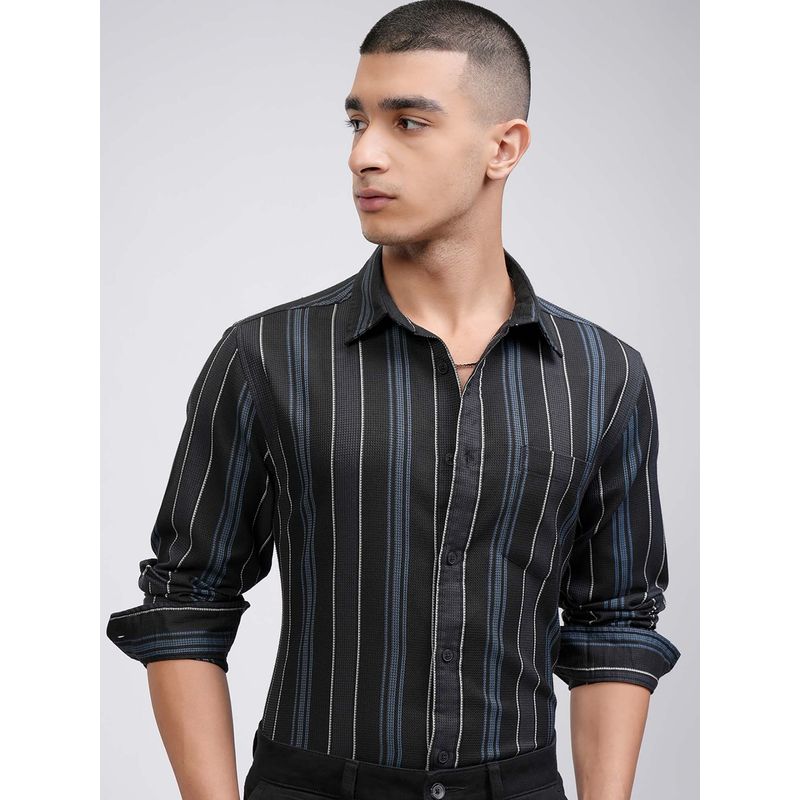 HIGHLANDER Men Blue and Black Waffle Dobby Textured Stripes Casual Shirt (L)
