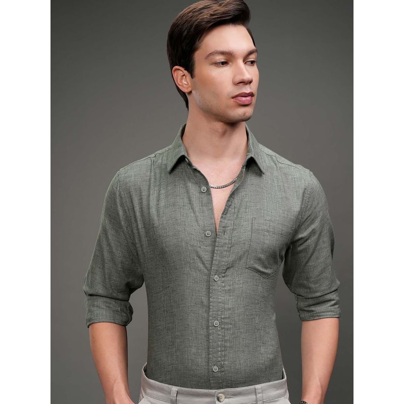 HIGHLANDER Men Olive Textured Slim Fit Shirt (L)