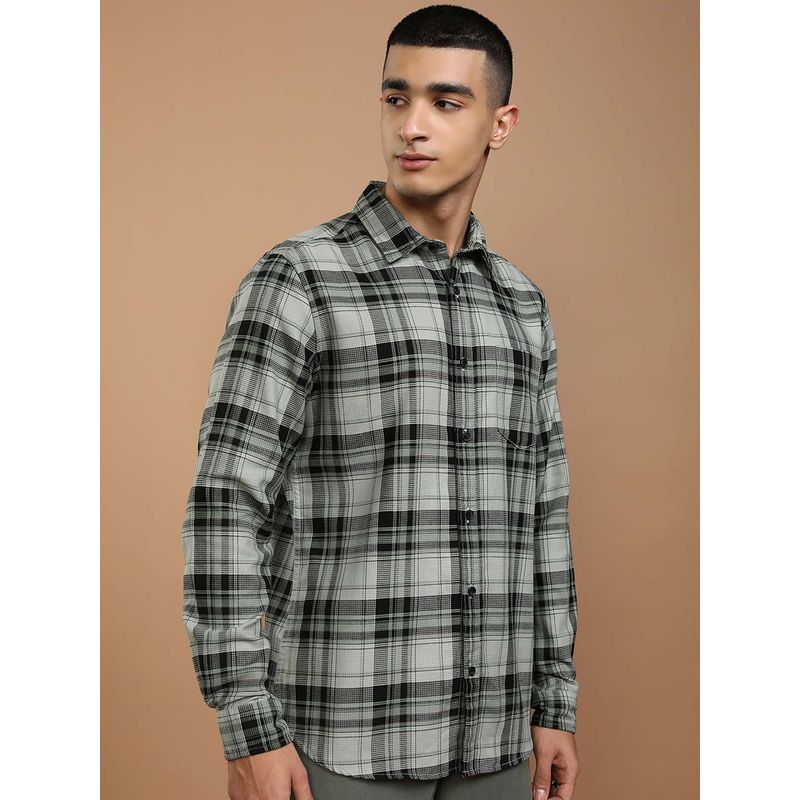 HIGHLANDER Men Grey Regular Fit Dobby Checks Shirt (L)