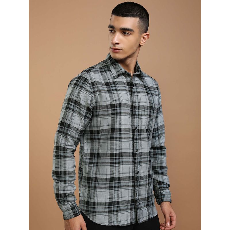 HIGHLANDER Men Light Blue Regular Fit Dobby Checks Shirt (L)