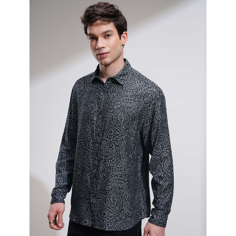 HIGHLANDER Men Grey Floral Print Casual Relaxed Fit Shirt (L)
