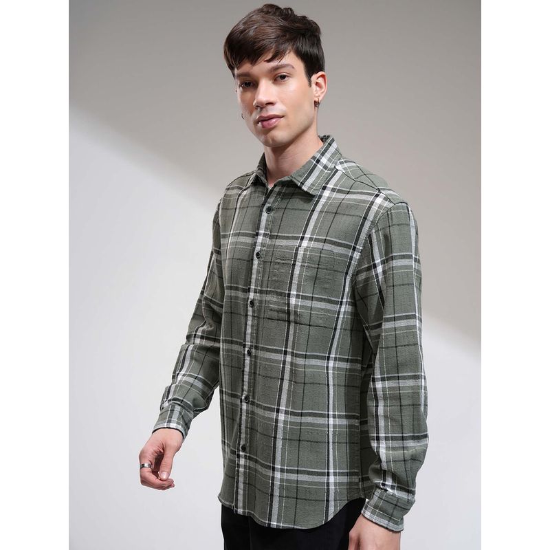 HIGHLANDER Men Olive Checks Relaxed Fit Shirt (XL)