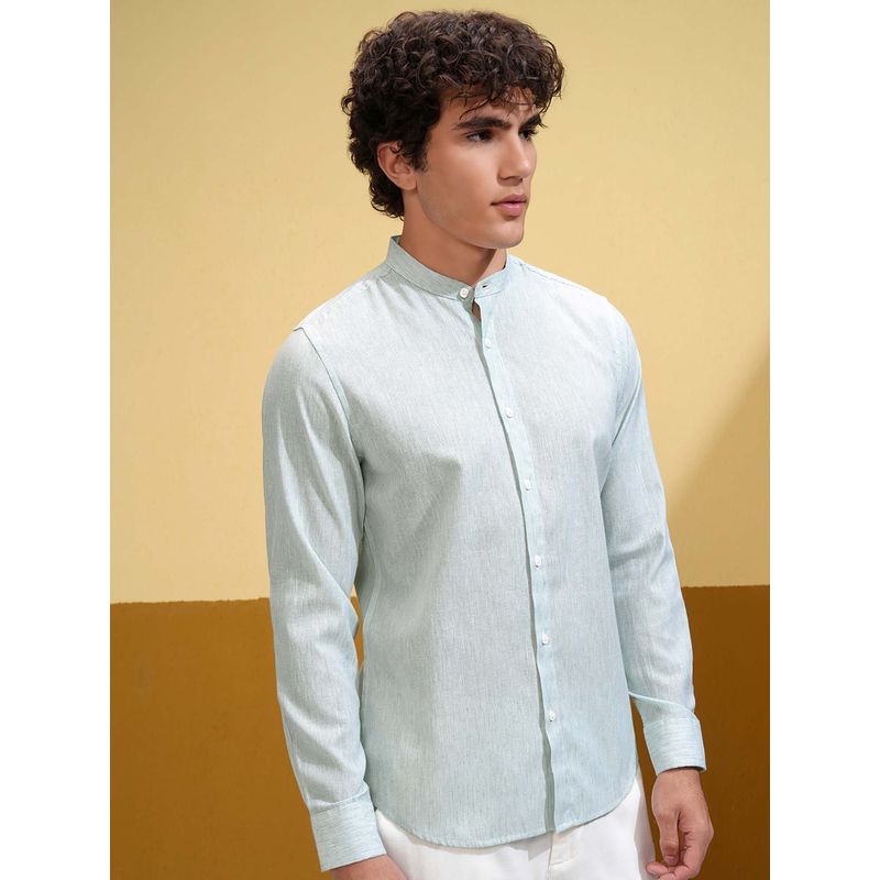 HIGHLANDER Men Green Linen Fancy Yarn Stripes Slim Fit Casual Shirt (L)