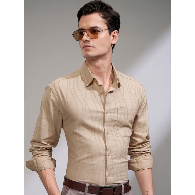 HIGHLANDER Men Beige Jacquard Textured Relaxed Fit Party Shirt (L)